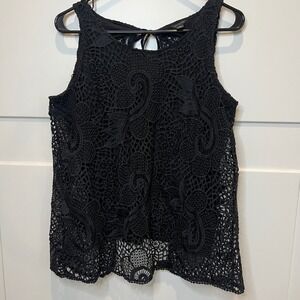 Ann Taylor Black Lace Sleeveless Blouse Tank Top Lined Medium Bow Back‎ Chic